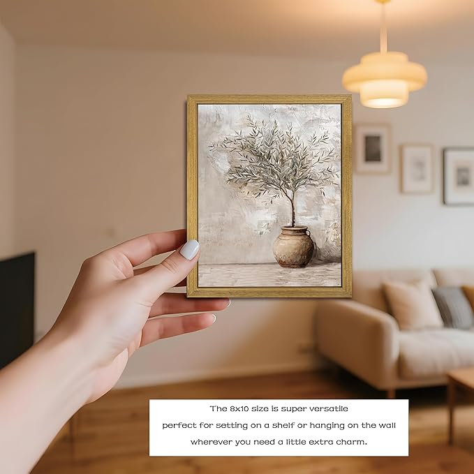Vintage Olive Tree Canvas Wall Art, Farmhouse Aesthetic Oil Painting, Rustic Potted Plant Wall Decor, Neutral Botanical Print Artwork Picture for Living Room Kitchen Home Decor 8x10 Inch Framed