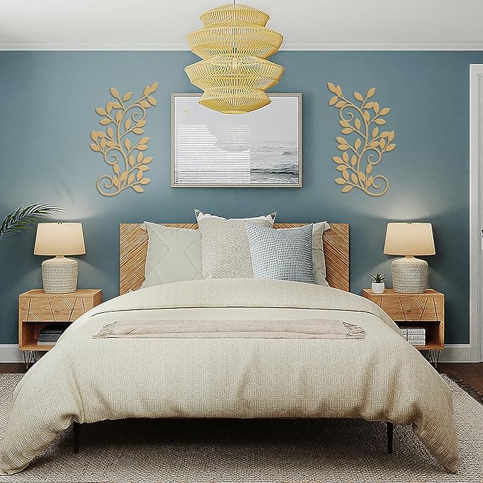 ESTART 2 Pieces Metal Tree Leaf Wall Decor Vine Olive Branch Leaf Wall Art Wrought Iron Scroll Sculptures for Above the Bed, Living Room, Bedroom, Hallway, Indoor and Outdoor Decoration (Gold)