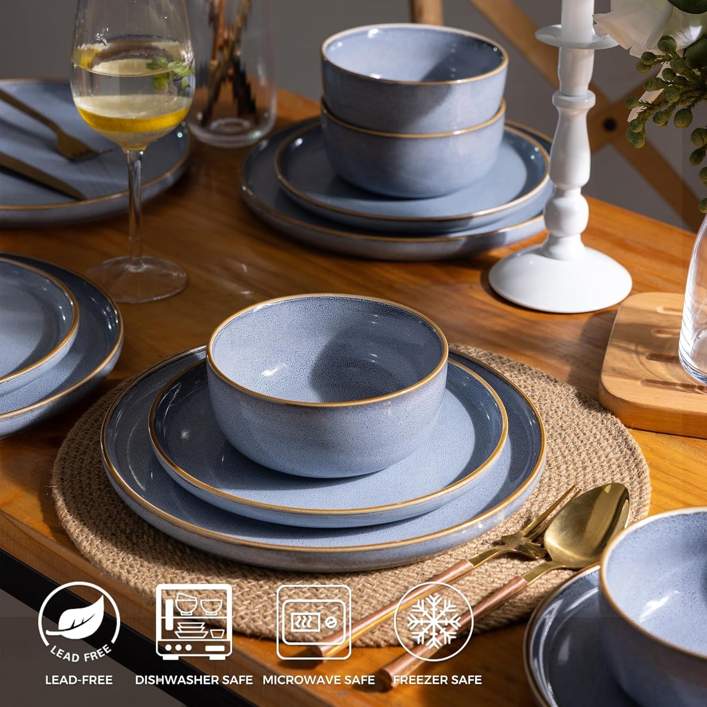 GBHOME Ceramic Dinnerware Sets for 8, 24 Pieces Stoneware Plates and Bowls Sets, Scratch Resistant Dishes, Dishwasher & Microwave Safe, Reactive Glaze-Brunnera Blue