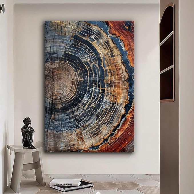 IBHJSART Framed Tree Ring Canvas Wall Art Vintage Colorful Wood Stump Painting Prints Modern Minimalist Pictures Neutral Nature Rustic Farmhouse Decor Living Room Bedroom Bathroom Office