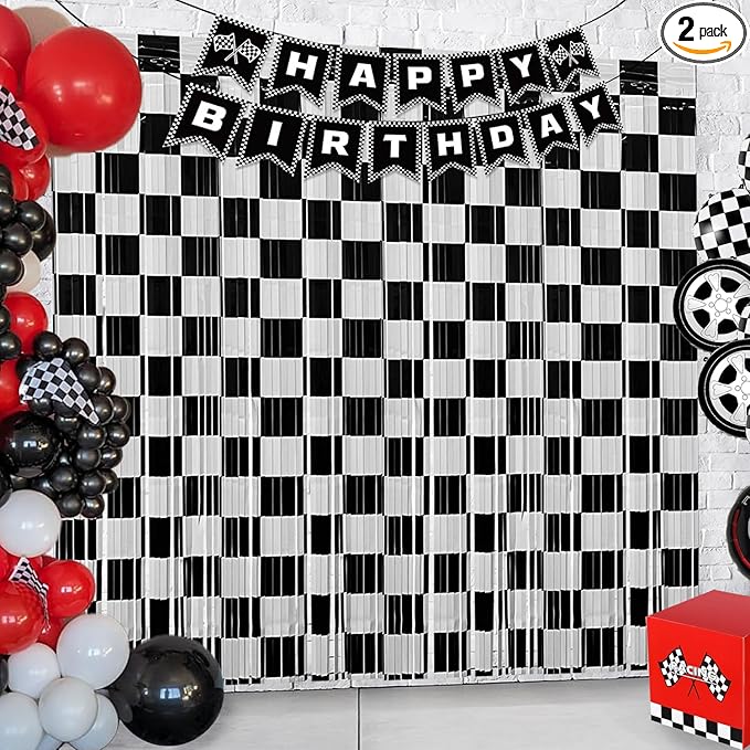 Race Car Birthday Party Streamers Backdrops Decorations, 2 Pcs Checkered Black White Foil Fringe Curtain with Racing Banner Photo Booth Props for Racing Cars One Happy Dude Party Decor Supplies