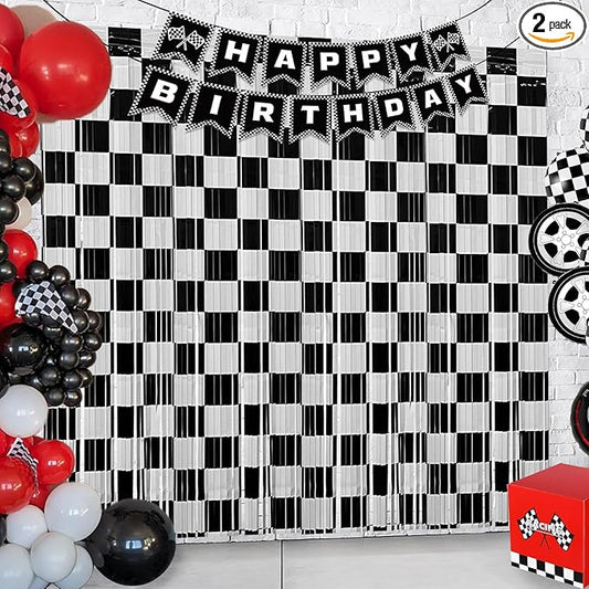 Race Car Birthday Party Streamers Backdrops Decorations, 2 Pcs Checkered Black White Foil Fringe Curtain with Racing Banner Photo Booth Props for Racing Cars One Happy Dude Party Decor Supplies