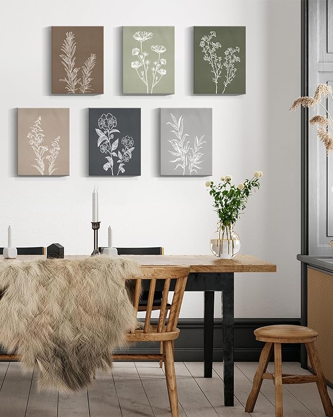 Drsoum Vintage Botanical Wall Art Framed Boho Wall Art Decor Wooded Minimalist Print Modern Rustic Farmhouse Home Kitchen Decor 12x16inx6pcs