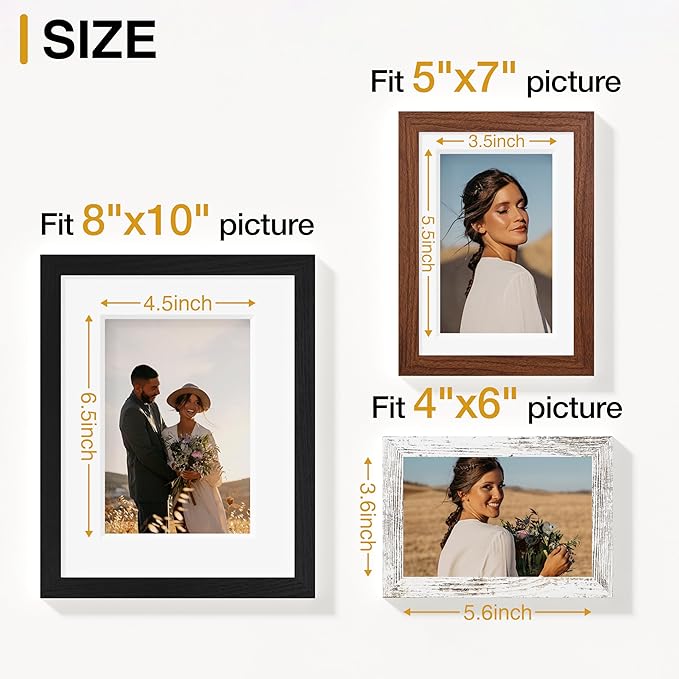 Vittanly 10 Pack Picture Frames, Picture Frames Collage Wall Decor with Two 8x10, Four 5x7, Four 4x6 Frames, Gallery Wall Frame Set for Wall or Tabletop Display, Black, Walnut Brown, Distressed White