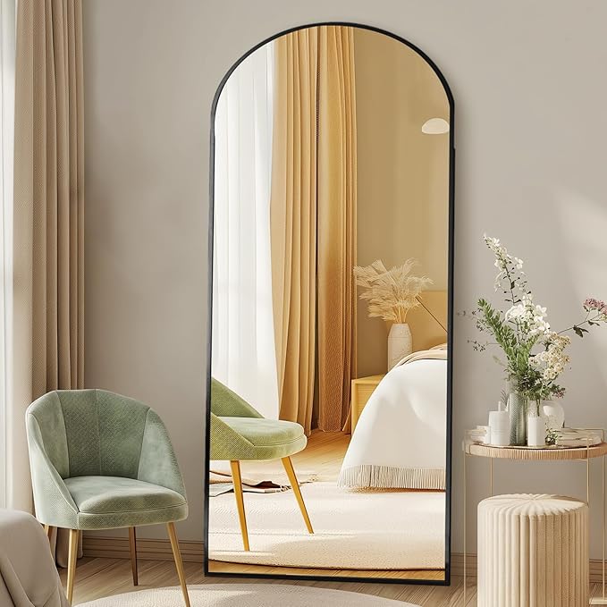 DUMOS Arched Full Length Mirror with Stand Floor Standing Aluminum Frame for Bedroom Body Hanging Leaning Modern Simple Home Decor Shatter-Proorf Nano Glass Wall Living Room Cloakroom Black 65"x24"