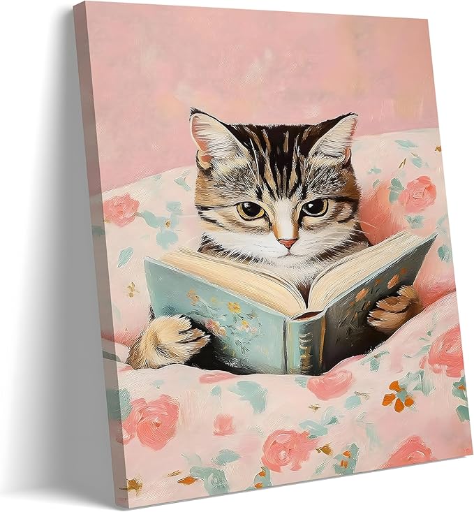 Framed Cats Canvas Wall Art, Funn Tabby Cat Reading Books Picture Wall Decor, Pink Vintage Animal Poster Prints for Girls Room Bedroom Kids Room Living Room Bathroom Decor 16x24 inch