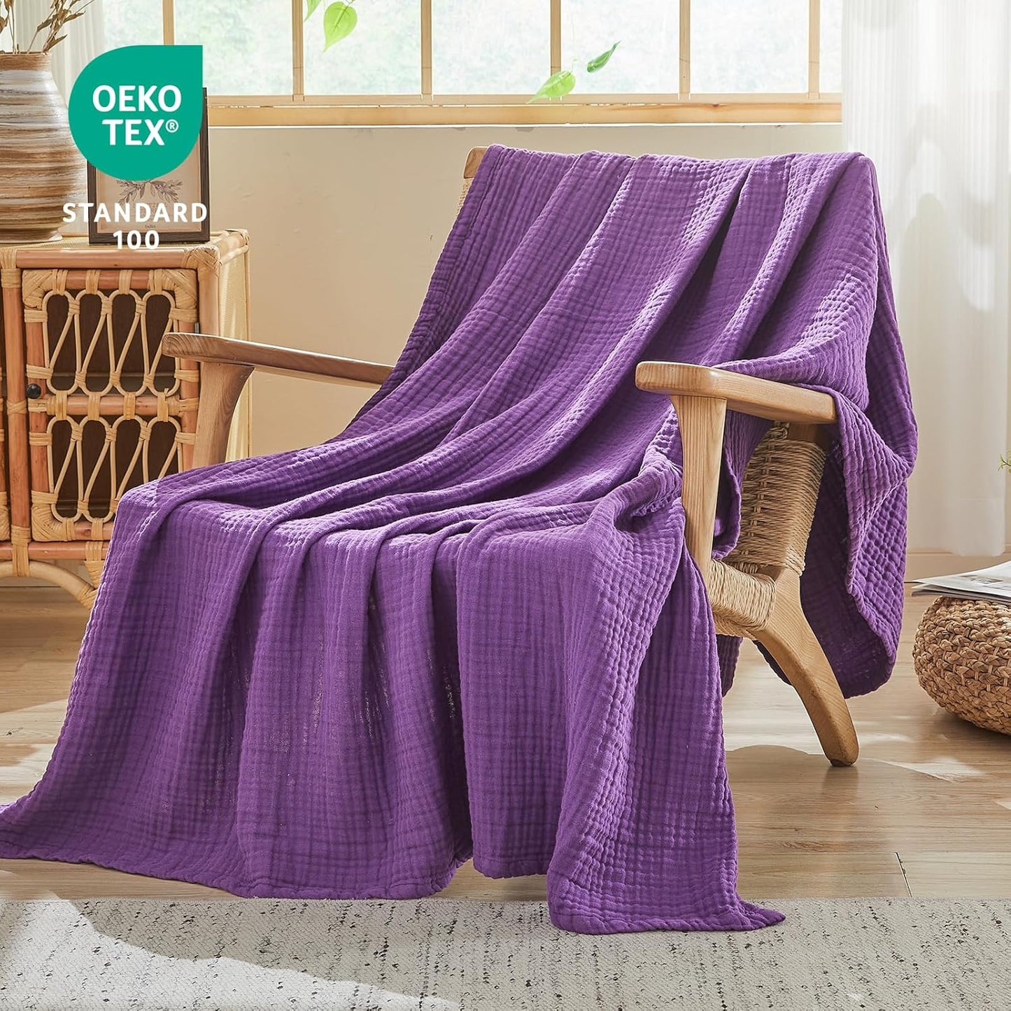 EMME Cotton Muslin Queen Blanket Bed Layering Breathable Gauze Blanket Soft Lightweight Blankets Adults (Purple, 90"x90")