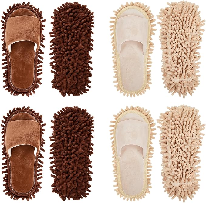 Jecery 4 Pair Washable Microfiber Mop Slippers Detachable Dusting Shoes for Floor Cleaning, Office & Home Use Suitable for Women & Men(Brown, Beige,L Size)