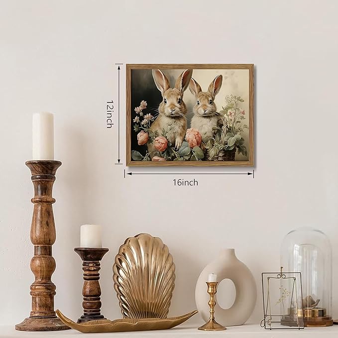 Framed Easter Bunny Wall Art, Two Adorable Rabbits with Flower Basket Picture Prints, Rustic Farmhouse Canvas Artwork, Vintage Holiday Wall Decor for Kids Room Girls Bedroom Living Room 12x16in