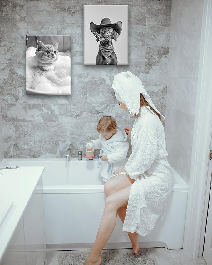 KensTro Funny Bathroom Wall Art Decor,12" x 16" Framed Canvas Bathroom Wall Art Picture,Black and White Vizsla Cowboy Art Print Wall Art Animal Abstract Prints,Wall Decor for Kid's Room,1Pack Gift