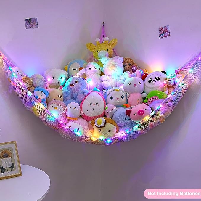 Unicorn Castle Stuffed Animals Net or Hammock Kids Toy Storage Organizer with LED Light Hanging Corner Stuffed Animals Holder Kids Girls Room Decor,Pink-Purple-Yellow,Large (Pack of 1)