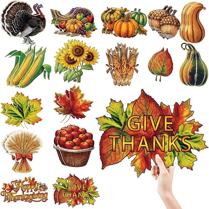 32 Pcs Vintage Thanksgiving Cutouts Fall Harvest Cutouts Cornucopia Decorative Sets Retro Give Thanks Accents Pumpkins Leaves Turkey Decor for Office Bulletin Board Thanksgiving Day Party Wall