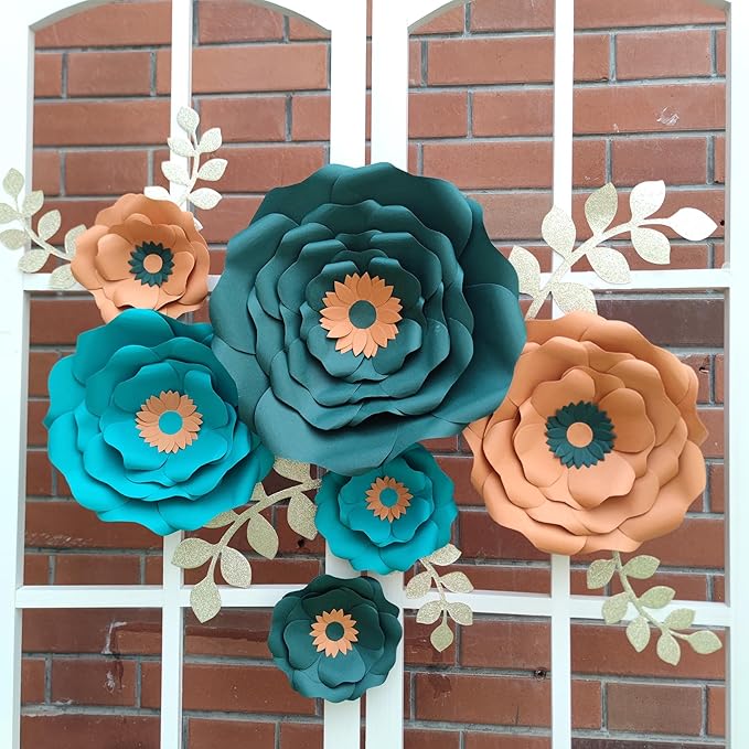 Paper Flower with Leaf for Wall Pack of 6 (Blackish Green Teal)