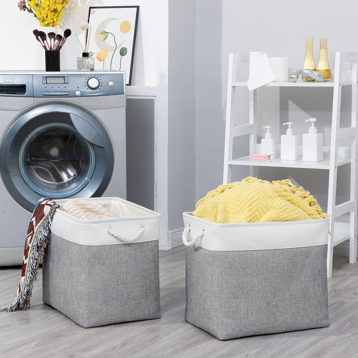 Bidtakay Large Storage Bins for Clothes Fabric Deep Baskets for Organizing Set of 2 Grey Fabric Pantry Storage Bins for Hallway Living Room Blankets 17x12x15 in Extra Large Shelf Tote Baskets