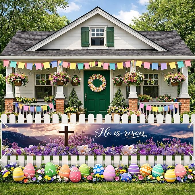 He Is Risen Easter Banner Resurrection Cross Spring Christian Faith Decor 118×20 inch Religious Easter Banner for Church Yard Fence Wall Door Indoor Outdoor Display