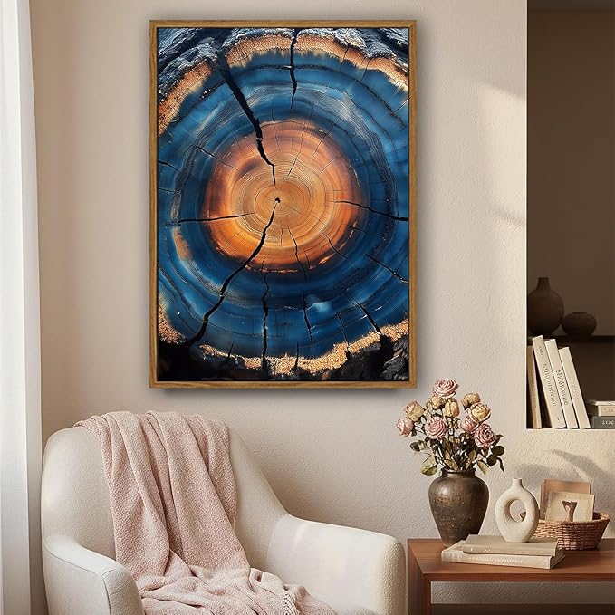 IBHJSART Framed Tree Ring Canvas Wall Art Blue Wall Art Wood Stump Painting Prints Modern Minimalist Pictures Neutral Nature Rustic Farmhouse Decor Living Room Bedroom Bathroom Office