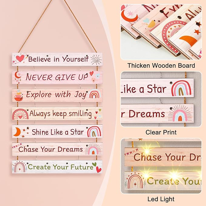 FIOBEE Girls Room Décor for Teen Girls Boys with LED Light Wall Decor for Bedroom Motivational Inspirational Wall Art Room Decoration for Kids Studyroom, 8 Kinds of Lights, Pink Boho