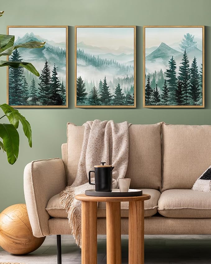 SHENIFY Fog Pine Green Tree Forest Canvas Wall Art 11x14in Framed Nordic Nature Modern Artwork Prints Decor - Natural Framed