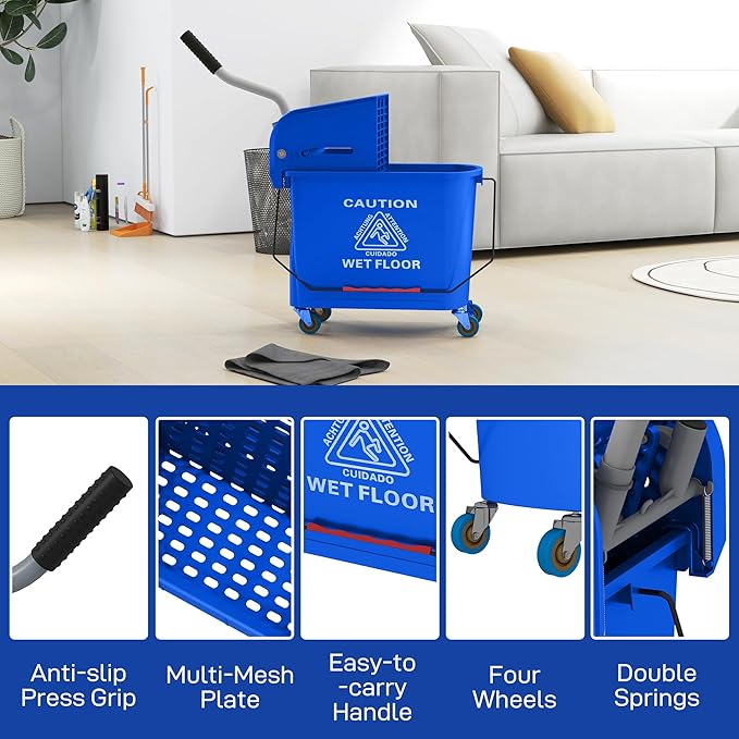 HOMCOM Commercial Mop Bucket with Side Press Wringer on Wheels for Floor Cleaning, 21 Quart, Separate Dirty and Clean Water, for Home Apartment Small Business and Office, Blue