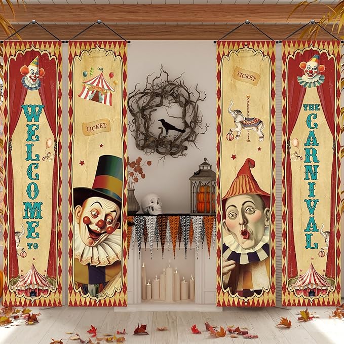 Tiamon 4 Pcs Vintage Christmas Halloween Carnival Porch Banners Retro Santa Clown Stretching Portraits Wall Decorations Gothic Porch Sign Backdrop for Xmas Indoor Outdoor Hanging Decor (Large Circus)