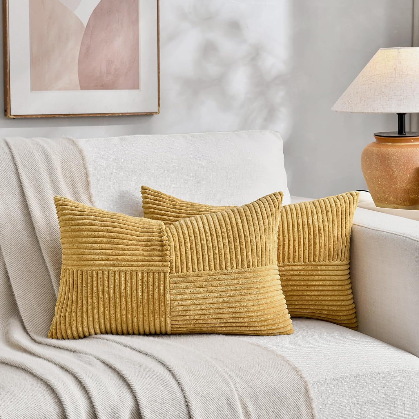 Fancy Homi 2 Packs Mustard Yellow Lumbar Decorative Throw Pillow Covers 16x32 Inch for Living Room Couch Bed, Rustic Farmhouse Boho Home Decor, Soft Striped Corduroy Rectangle Accent Cushion Case