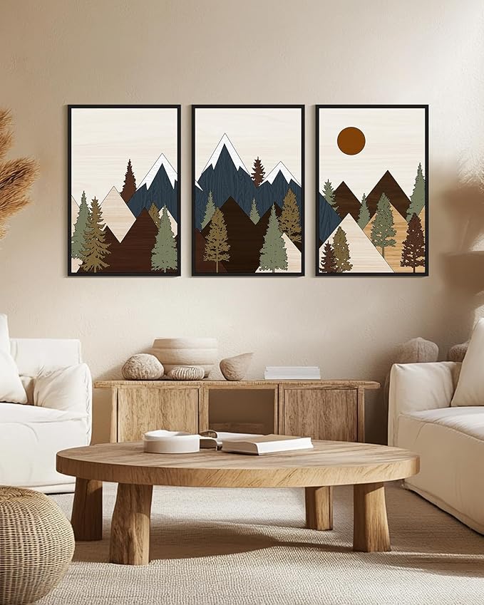 Drsoum Morden Mountains Landscape Wall Art Framed Boho Pine Tree Forest Nature Prints Boho Farmhouse Rustic Artwork Hallway Bedroom Ready to Hang 24x36in Black Framed