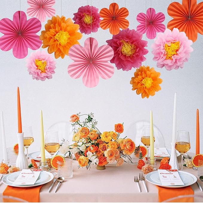 BestoFun 12PCS Paper Flowers Fans Orange and Hot Pink Party Decorations Tissue Paper Flowers Decorations for Girl Groovy Birthday Baby Shower Wedding Bachelorette Room Wall Hanging Décor