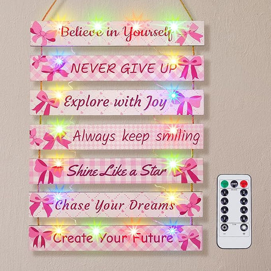 FIOBEE Girls Room Décor for Teen Girls Boys with LED Light Wall Decor for Bedroom Motivational Inspirational Wall Art Room Decoration for Kids Studyroom, 8 Kinds of Lights, Pink Bow