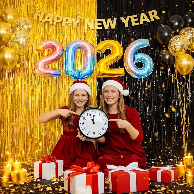 Foil Fringe Curtains Party Decorations for 2026 NYE - Melsan 3 Pack 3.2 x 8.2 ft Tinsel Curtain Party Photo Backdrop for Birthday Party Baby Shower or Graduation Decorations (Pure Gold)