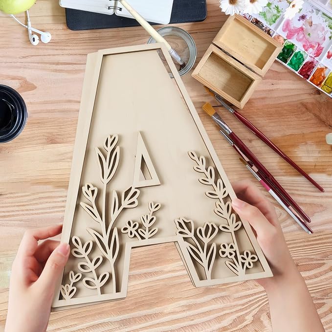 Layered 12 Inch Large Wooden Letters for Wall Decor, Flowered Paintable Wooden Nursery Letters for Crafts Wood Alphabet Letter T for Birthday Boho Nursery Name Sign Wedding Home Decoration
