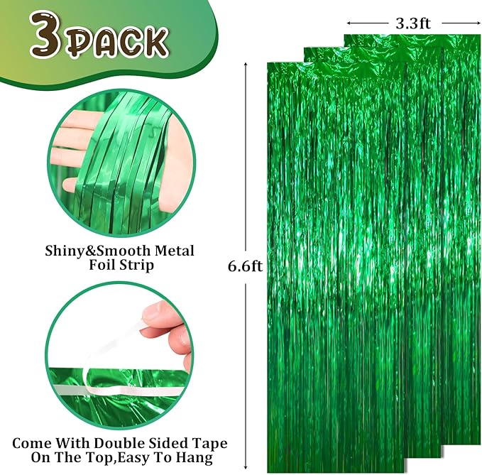 3.3 x 6.6 ft Foil Fringe Backdrop Curtains, Tinsel Streamers Party Decorations, Fringe Backdrop for Birthday, Baby Shower, Gender Reveal, Graduation (3, Green)