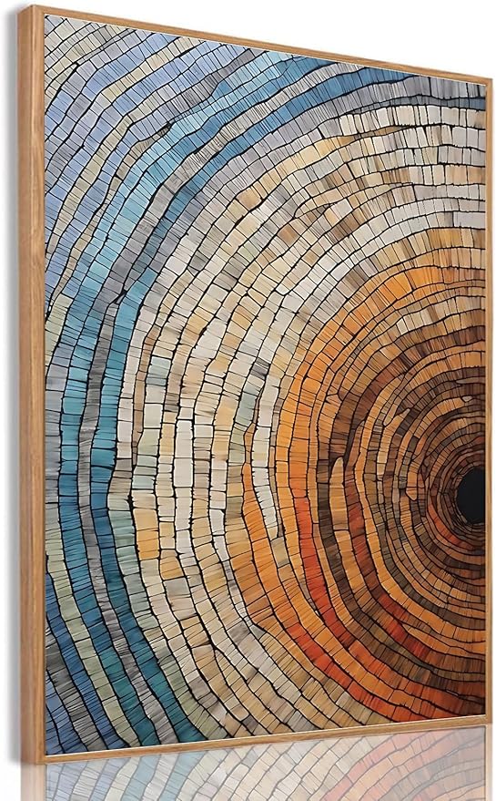 IBHJSART Framed Tree Ring Canvas Wall Art Vintage Colorful Wood Stump Painting Prints Modern Minimalist Pictures Neutral Nature Rustic Farmhouse Decor Living Room Bedroom Bathroom Office