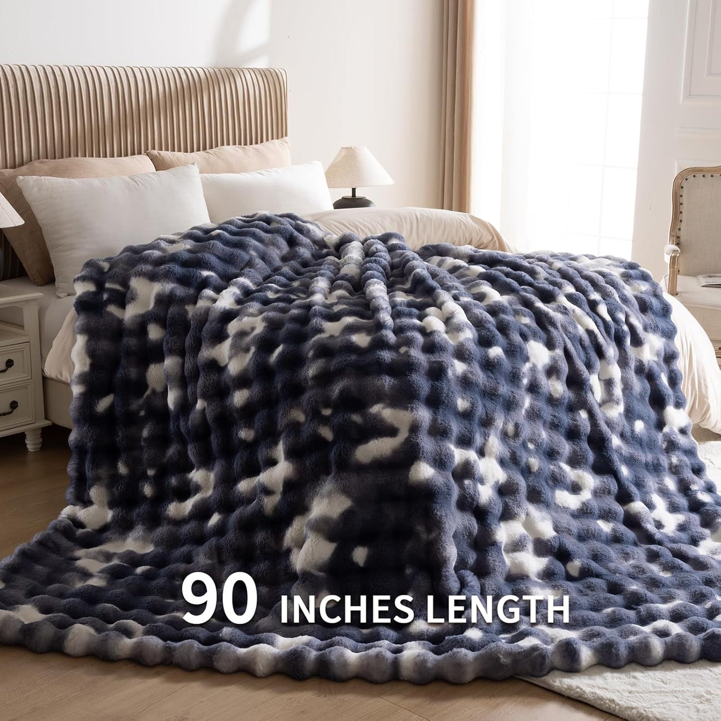 Cozy Faux Fur Throw Blanket for Bed-Warm Fuzzy Throw Blanket, Soft Plush Thick Bubble Blankets for Bedroom and Living Room, Furry Luxury Blanket, 90 x 108,Tie-Dye Blue