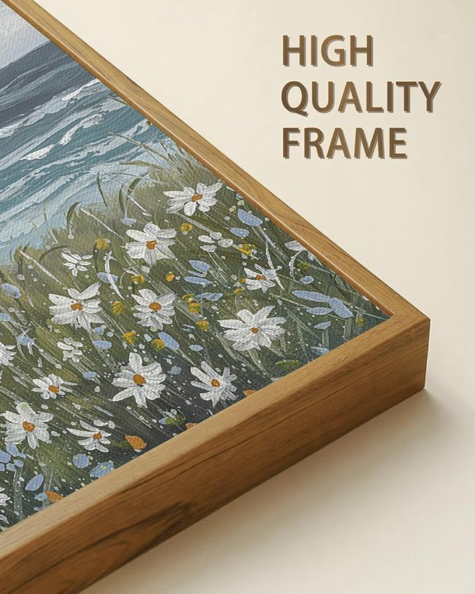 SHENIFY Vintage Landscape Framed Wall Art Sea Coastal Wildflower Field Scenery Farmhouse Decor Retro Painting for Living Room Bedroom Ready to Hang Wall Artwork - 8x10in Natural Framed