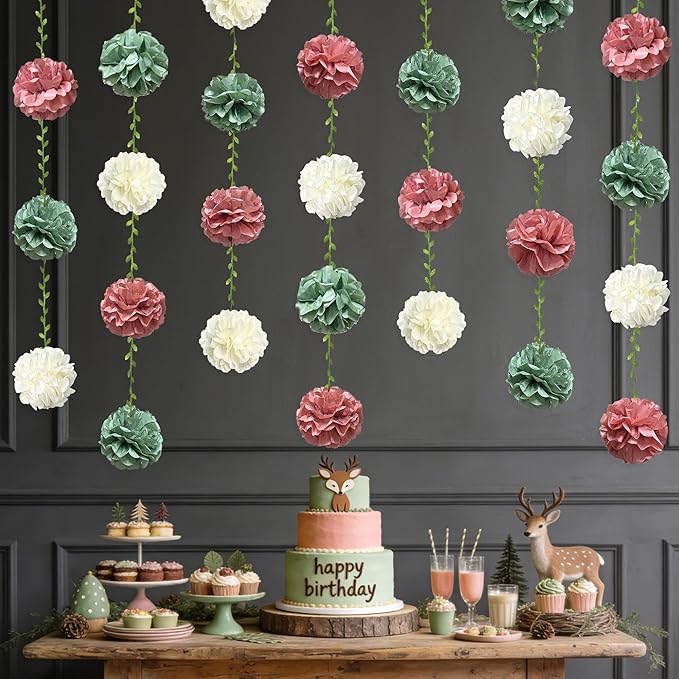 Sage Green Dusty Rose Pink Beige Tissue Paper Flowers Pom Pom with Leaf Ribbon Hanging Garland Streamer for Girl Safari Woodland Jungle Baby Shower Birthday Wedding Garden Party Decorations Supplies