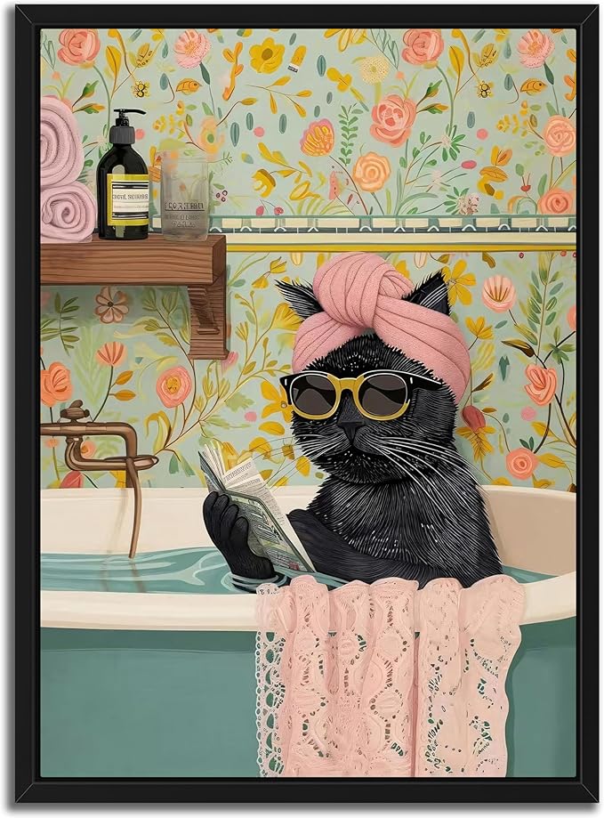 Floating Framed Bathroom Cat Canvas Wall Art, Funny Black Cat Reading Wall Decor, Cute Animal Prints Pictures Posters for Living Room Bedroom Toilet Kids Room Paintings 12x16 inch