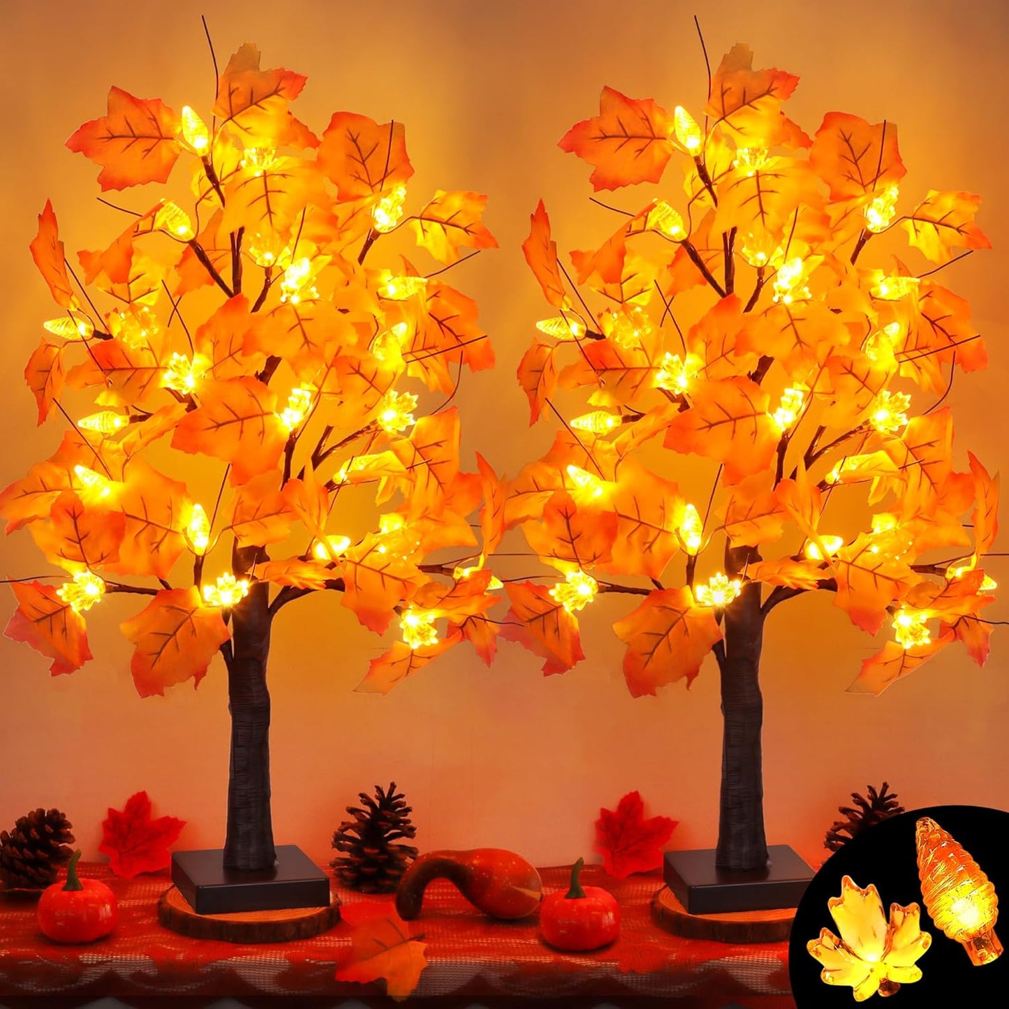 2 Pack 24 Inch Prelit Fall Maple Tree Fall Decor with 48 LEDs Timer Battery Operated Artificial Fall Light Up Tree Maple Acorn for Fall Thanksgiving Decorations Table Home Office Indoor Autumn Harvest