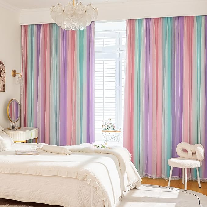 XiDi Kids Blackout Curtains with Sheer Overlay for Girl Bedroom 96 Inches Long Pink Purple Green Rainbow Princess Double Layer Curtain Thermal Insulated Room Darkening Grommet Drapes 2 Panels W34xL96