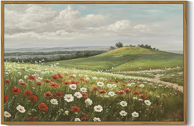 SHENIFY Vintage Landscape Framed Wall Art Meadow with Flowers Scenery Farmhouse Decor Rustic Retro Grassland Floral Field Painting for Hallway Living Room Bedroom - 16x24in Natural Framed