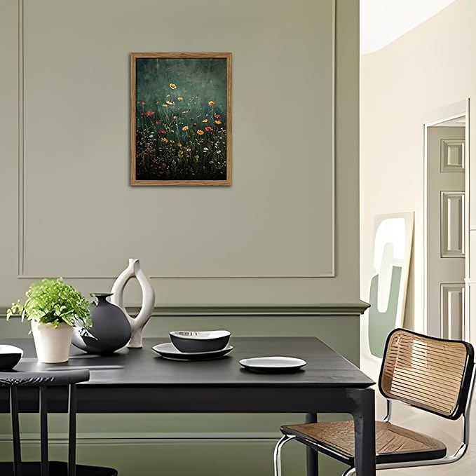 Wildflower Field Framed Wall Art, Vintage Botanical Flower Wall Decor, Modern Farmhouse Floral Canvas Art, Green Field Landscape Pictures Artwork for Living Room Bedroom – 8x10 inch