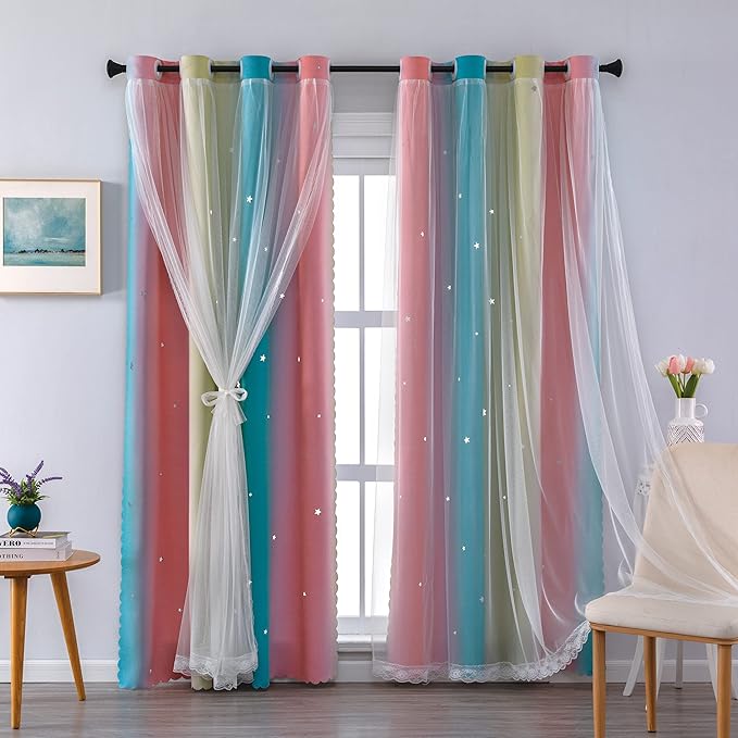 XiDi Blackout Curtains for Girls Bedroom, Girls Room Decro for Kids Room, Colorful Rainbow Style, Unicorn Wall Decor Ombre Curtains, Princess Room 72 Inches Long Pink/Blue