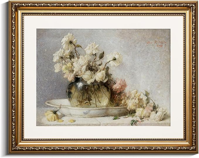 VIYYIEA Gold Framed Vintage Floral Still Life Wall Art, Elegant White Roses Artwork for Living Room or Bedroom Decor | Zero-Glare, Lightweight Textured Art with No Glass | 13x16 Inch