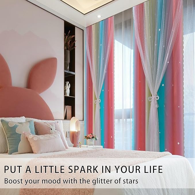 XiDi Blackout Curtains for Girls Bedroom, Girls Room Decro for Kids Room, Colorful Rainbow Style, Unicorn Wall Decor Ombre Curtains, Princess Room 72 Inches Long Pink/Blue