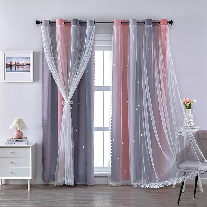 XiDi Girls Curtains for Bedroom 90 Inches Long 2 Panels Pink and Grey Rainbow Blackout Curtains for Little Girl Kids Room Decor Living Room, Princess Unicorn Wall Decals Drapes 52x90