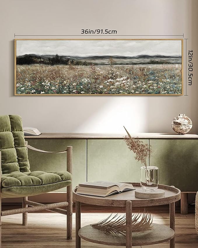 SHENIFY Vintage Landscape Framed Wall Art Meadow Flowers Farmhouse Decor Retro Classic Painting for Hallway Bedroom Living Room Dining Room - 12x36in Natural Framed