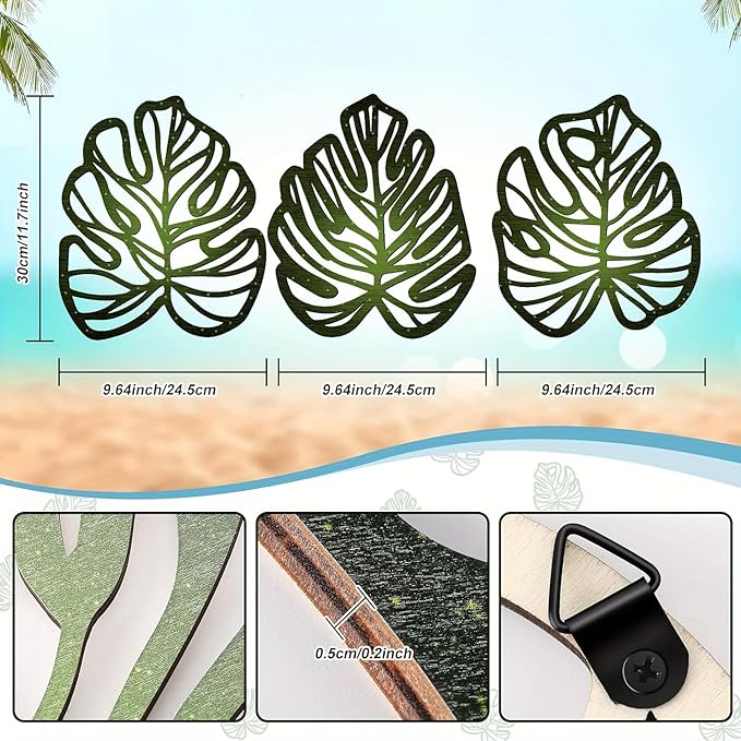 Palm Leaves Wood Wall Decor, 3Pcs Tropical Wall Art Jungle Decor, Wooden Natural Leaves Plant Wall Decor, Vintage Tropical Plant Plaque for Home Living Room Kitchen Bedroom Bathroom & Garden, Green