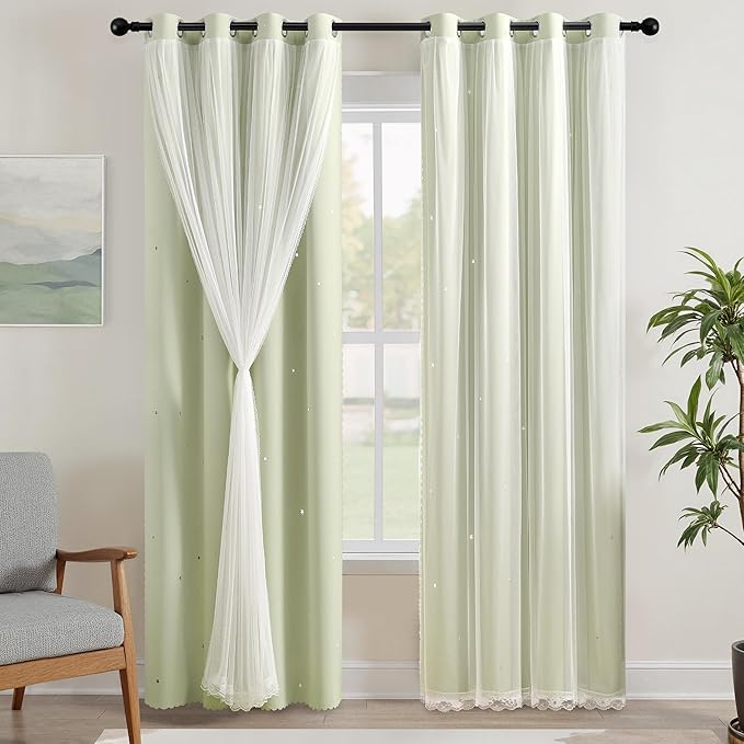 XiDi 90" Long Room Darkening Curtains Thermal Insulated Drapes Grommet Top Light Blocking Blackout Curtain for Living Room Bedroom Star Cut Out Wall Home Decor Window Treatment 2 Panels Sage Green