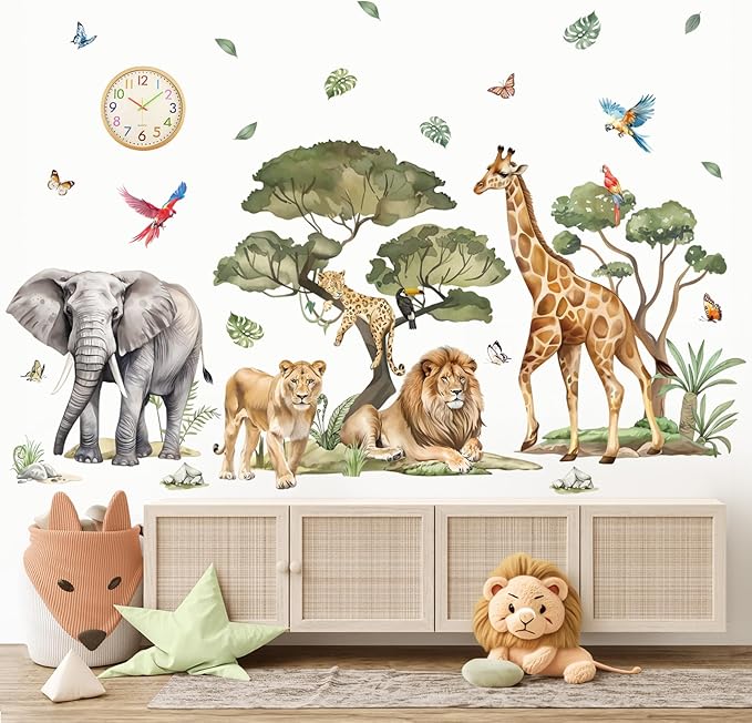 wondever Large Jungle Safari Animals Tree Wall Stickers Elephant Lion Giraffe Leopard Peel and Stick Wall Art Decals for Baby Nursery Kids Bedroom Living Room