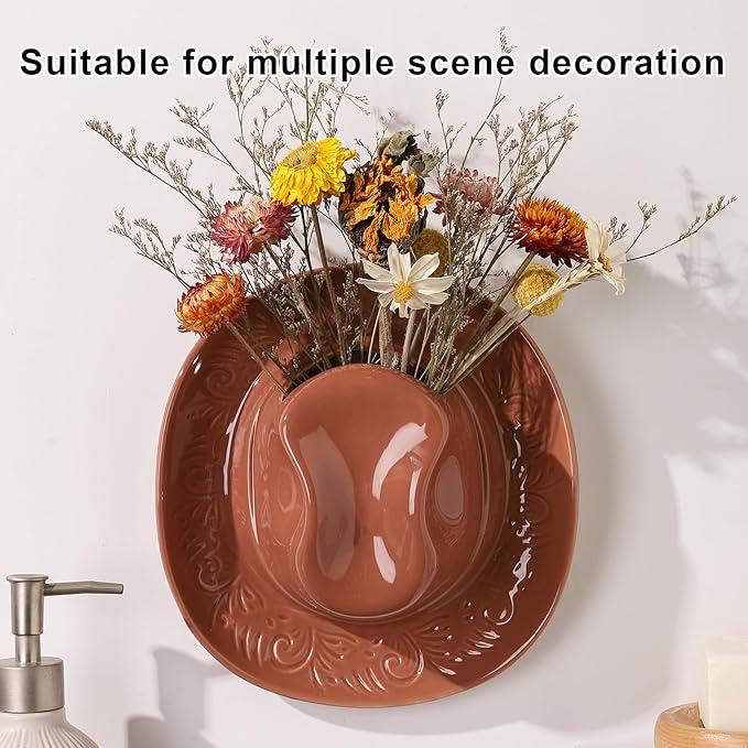 Hanging Wall Planters for Indoor Plants, Wall Vases for Flowers, Ceramic Cowboy Hat Vases for Decor, for Bathroom, Living Room, Office, and Home Decor. Brown Medium