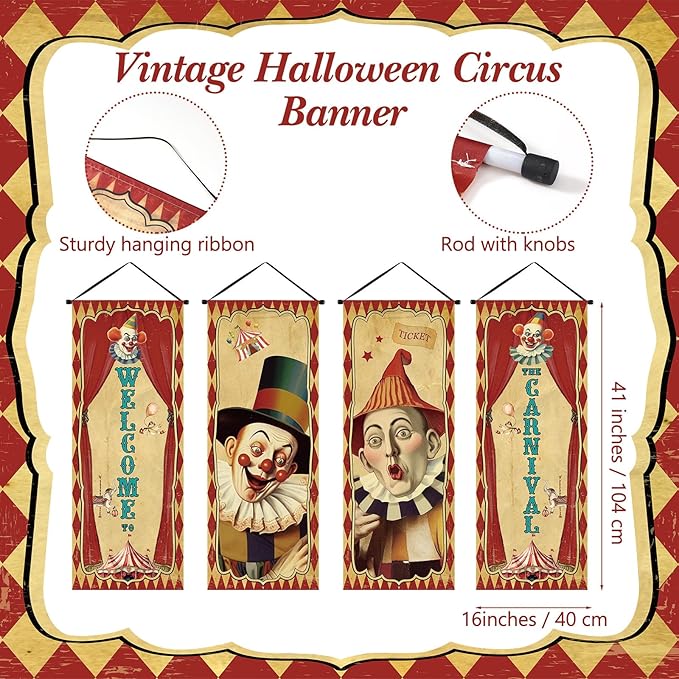 Tiamon 4 Pcs Vintage Christmas Halloween Carnival Porch Banners Retro Santa Clown Stretching Portraits Wall Decorations Gothic Porch Sign Backdrop for Xmas Indoor Outdoor Hanging Decor (Circus)